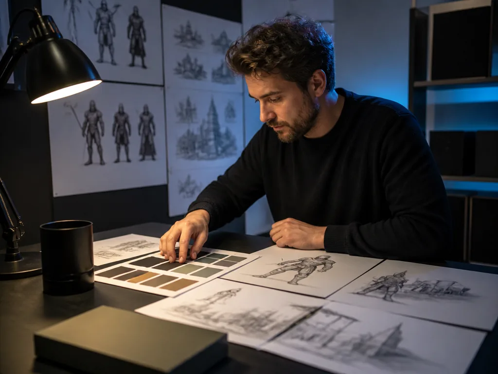 Directeur artistique de jeu vidéo supervisant le parcours visuel d’un personnage